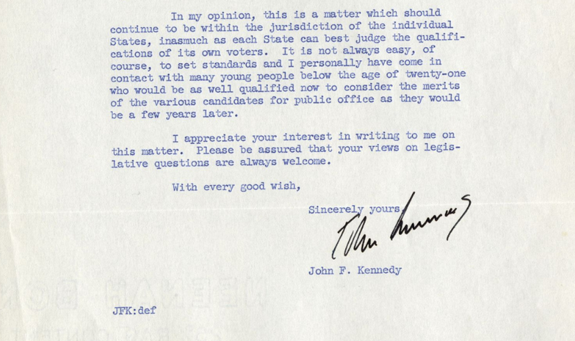 Bottom half of a response to a constituent letter from John F. Kennedy