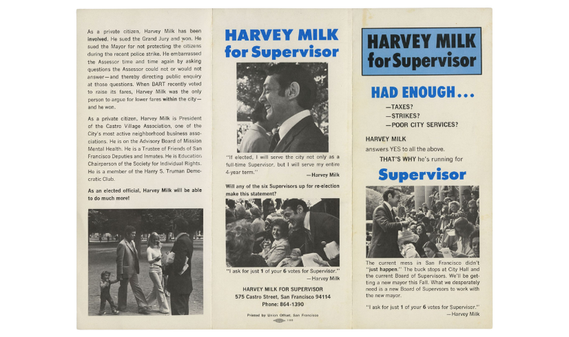Pamphlet advocating for Harvey Milk's election to Supervisor