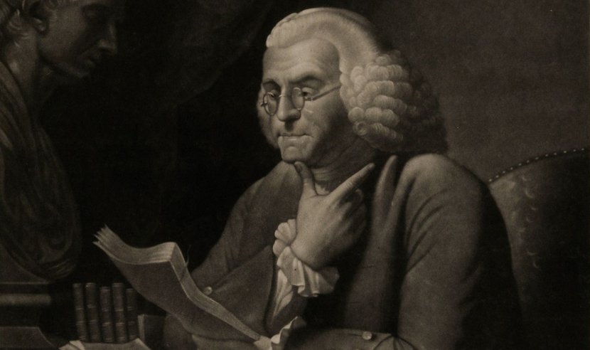 Mezzotint showing Benjamin Franklin Reading