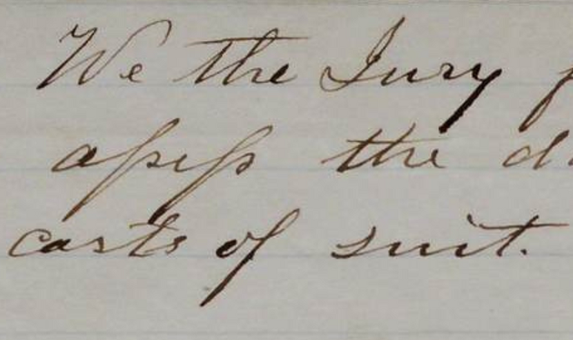 Close view of handwritten 19th century jury verdict, focusing on the words "We the Jury"