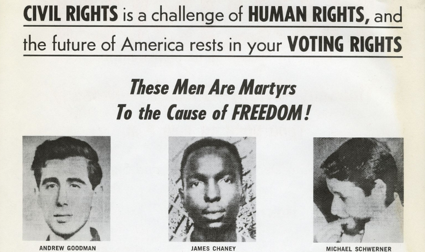 Civil-Rights era poster with text "Civil RIghts is a challenge of Human Rights" and photos of three men who had been killed registering voters