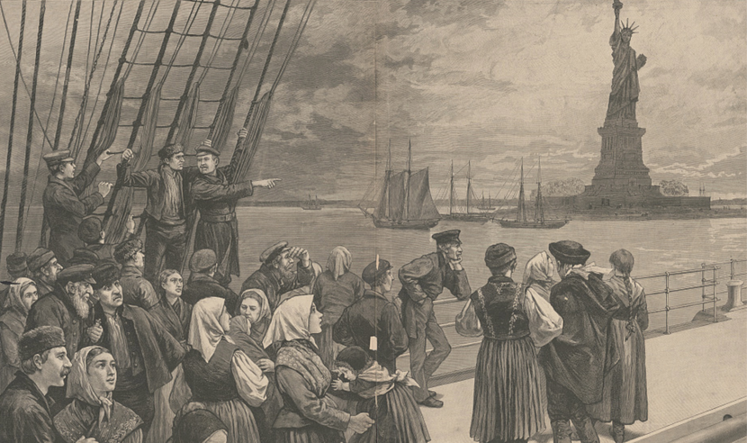 Print from 1887 showing immigrants at Ellis Island with the Statue of Liberty in the background