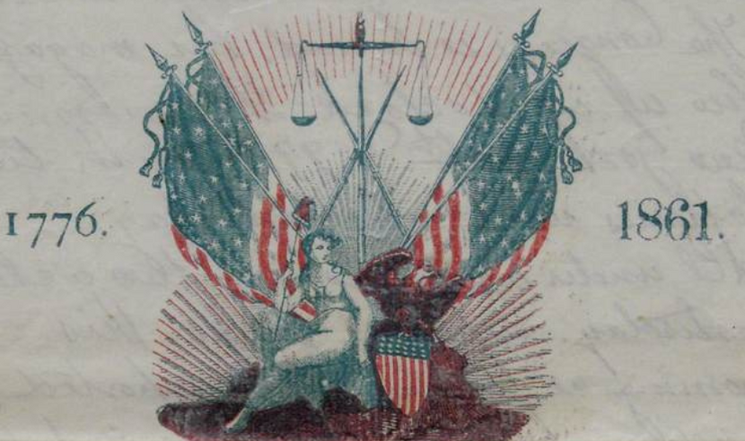 Civil war era stationary with view of lady justice with flags and scales