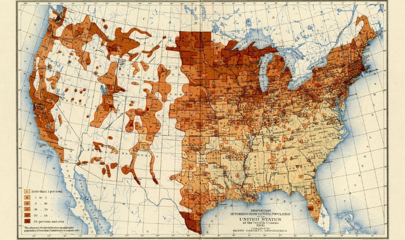 View of a thematic map of the United States from 1900 with shades of red and yellow indicating the proportion of foreign born