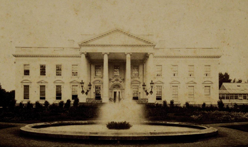Black and white photograph of the White House from the North Lawn, from 1881