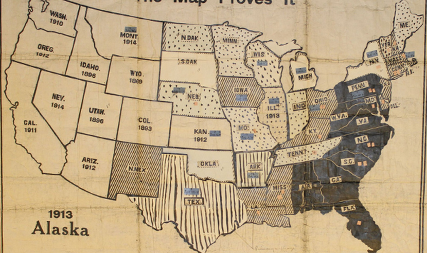 Progressive era map showing which states had adopted women's suffrage