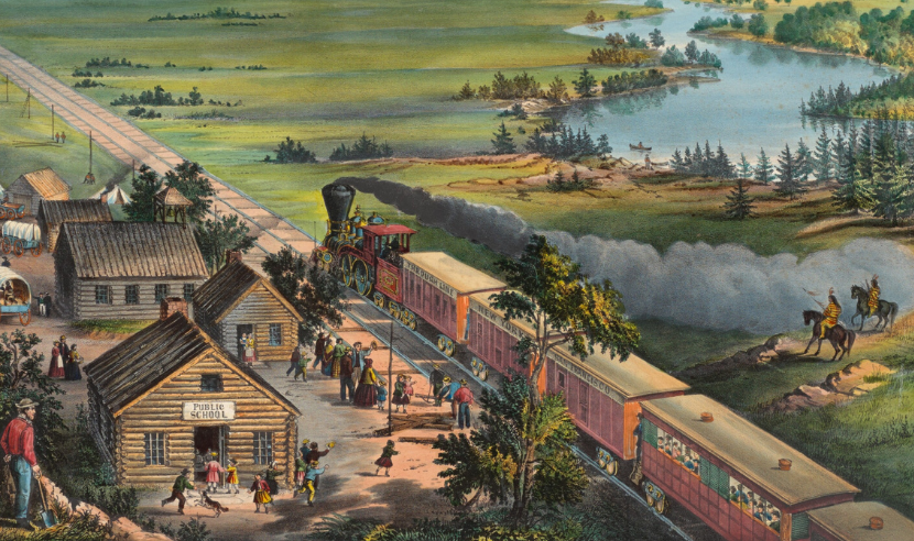 Illustration called "Across the Continent" showing railroad passing through frontier village with forest, plains, river, and mountainous terrain all visible. The train has the text "Through Line New York San Francisco" written on it.