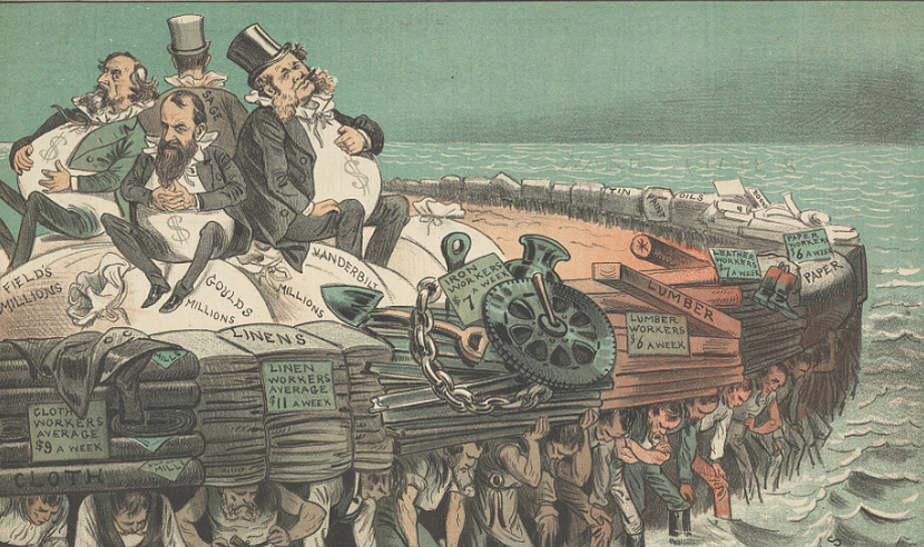 A illustration of Cyrus Field, Jay Gould, Cornelius Vanderbilt, and Russell Sage, seated on bags of "millions", on large raft, and being carried by workers of various professions.