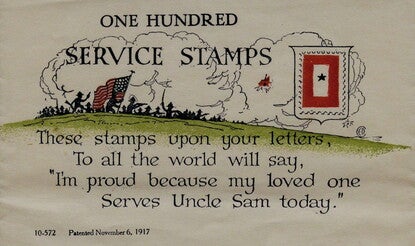 Note from a WWI stamp book with cartoon silhouette of fighting 