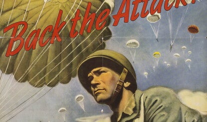 WWII Era War Bonds poster showing soldier and parachutists
