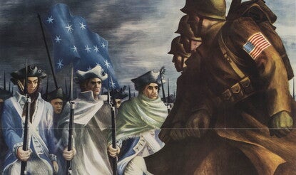 WWII poster showing 1943 troops passing Revolutionary era soldiers