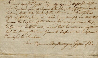 Handwritten document from 1781 attesting to the freedom of Cuffee Wells (Saunders)