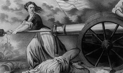 Engraving of Margaret Corbin using a rammer on a cannon during the Battle of Monmouth. Her husband lies dead at her feet. An American flag is in the background.