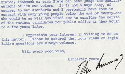Signed Letter by John F Kennedy Justifying Position on Voting Age
