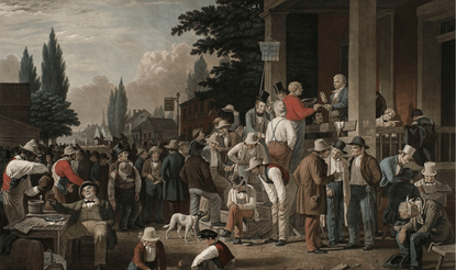 Satirical print from 1854 depicting the chaos of the crowd casting their votes