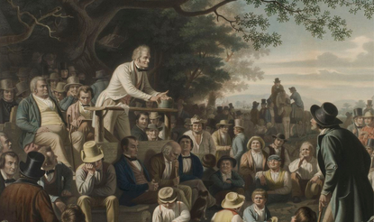 Print from 1856 showing speechifying in front of a crowd