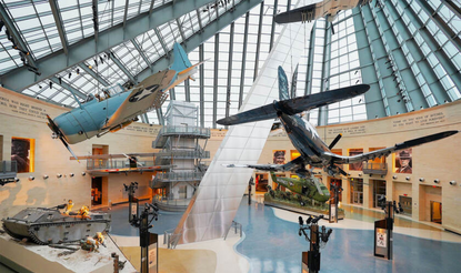 View of suspended airplanes in interior of National Museum of the Marine Corps