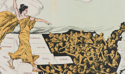 Illustration shows a torch-bearing female labeled "Votes for Women", symbolizing the awakening of the nation's women to the desire for suffrage, striding across the western states, where women already had the right to vote, toward the east where women are reaching out to her.