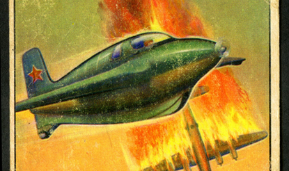  Content One trading card from the Red Menace collection, "39. Soviet Rocket Fighter" depicting one Soviet Union rocket fighter, Me-163 flying and another air plane on fire in the background. Reverse side contains propaganda narrative describing the military aircrafts of the "Reds." Text claims that in order to preserve freedom the "free world" must match the military might of the "Reds."
