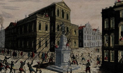 Print of the New York Sons of Liberty destroying a statue of King George III. 