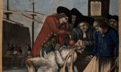 Political cartoon showing a tax collector being tarred and feathered