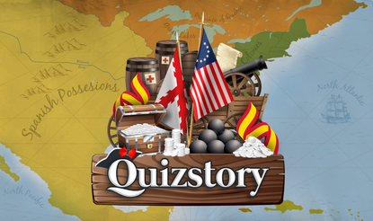 Quiz Story Game Cover Image with map in background and history items e.g. barrels, cannonballs etc in logo