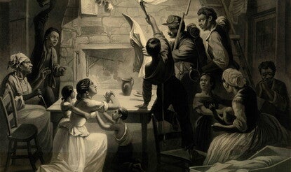 Lithograph depicting an African American family gathered around a soldier reading a newspaper. The family all look to the soldier in varying states of shock and hope as he reads the emancipation proclamation. Present are eleven people including a mother who is kneeling and praying in the center of the image.