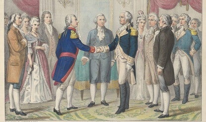 A nineteenth-century print showing the meeting of George Washington and the Marquis de Lafayette at a social gathering