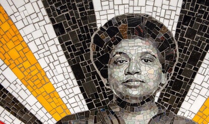 A mosaic featuring a black-and-white portrait of Audre Lorde surrounded by bursts of gold, white, and black tiles.