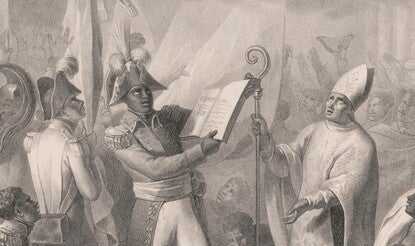 A Black Haitian general (wearing a pointed and feathered hat, dark coat with tails and epaulets, white pants, and dark boots) holding a book next to other troops, as a priest in formal robes and holding a staff looks above toward an image of God.