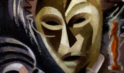 A dark abstract painting of a mask with horns.