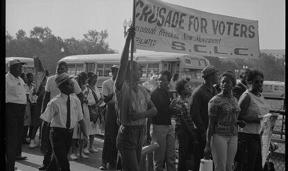 Marchers with SCLC sign for the Savannah Freedom Now Movement, during the March on Washington, 1963