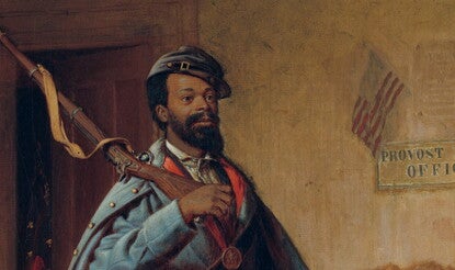 A painting of a bearded Black soldier with a slight smile on his face, wearing a blue Union Army uniform (jacket, coat, pants, and hat), holding a rifle on his right shoulder with a slight smile on his face.