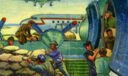 One trading card from the Red Menace collection, "28. Berlin Airlift" depicting Air Force members preparing airplanes with bags of supplies. Reverse side contains propaganda narrative mentions an operation known as the Berlin Airlift or "Operation Vittles."