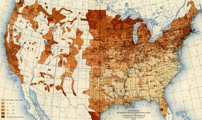View of a thematic map of the United States from 1900 with shades of red and yellow indicating the proportion of foreign born