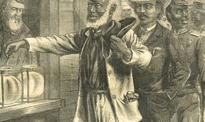 Illustration from 1867 issue of Harper's Weekly showing an African American man voting for the first time