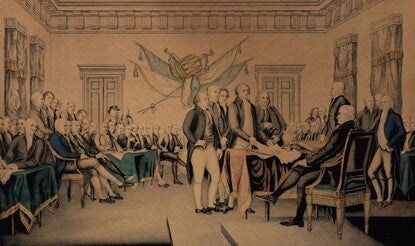 One print entitled The Declaration of Independence July 4th 1776 dated circa 1850. This image is a gathering of men and is considered to be depicting the signing or presentation of the Declaration of Independence.