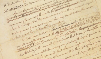 Jefferson's first draft of the Declaration of Independence with strikethroughs and insertions