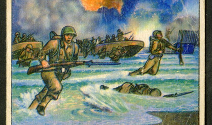 One trading card from the Red Menace collection, "6. Landing at Inchon," depicting "GI" soldiers arriving on the shores of Inchon.