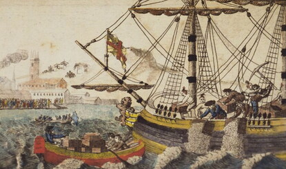 Depiction of Bostonians throwing tea overboard