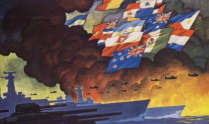 Flags of the member nations of the United Nations wave amidst smoke of a bombardment, with military airplanes, ships and tanks in background.