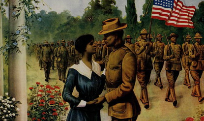 Depicts an African American World War I infantryman parting with a woman in a blue dress. In the background, African American soldiers march; one soldier carries a United States flag. The couple stands on a walkway surrounded by flowers.