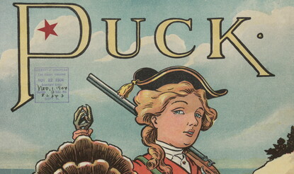 Illustration shows a young woman with a shotgun over her left shoulder and carrying a dead turkey.