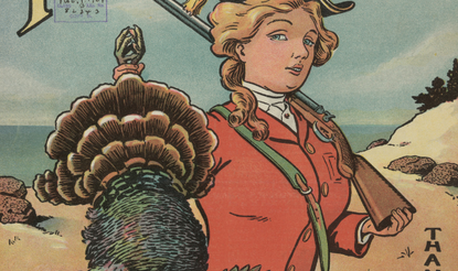 Puck magazine cover illustrating person in Colonial garb holding a dead turkey