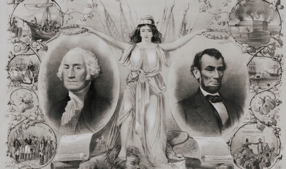 Print of Columbia crowning an image of George Washington and an image of Abraham Lincoln with laurel leaves. To the left of Washington are images from his presidency and the American Revolution, and on the right of Lincoln are images from his presidency and the Civil War. At Columbia's feet are broken shackles, an eagle, and cannons. She is stepping on a lion, which might represent the British Empire.