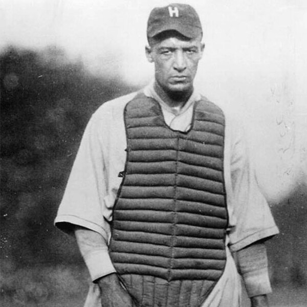  Black-and-white photograph of Louis Santop Loftin in the gear of a catcher.