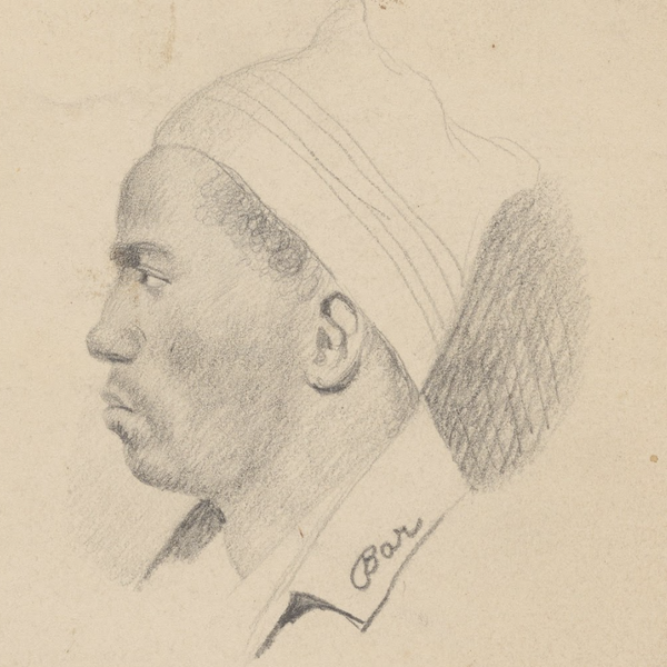 A drawing of a Black man with a white hat in profile