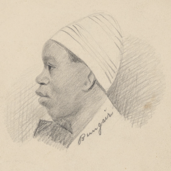 A drawing of a Black man wearing a hat in profile