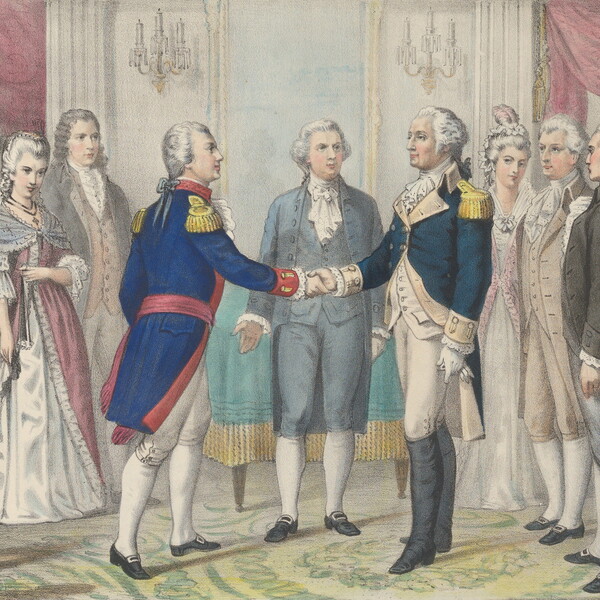 A nineteenth-century print showing George Washington, at right, shaking the hand of General Lafayette in front of a gathered crowd.