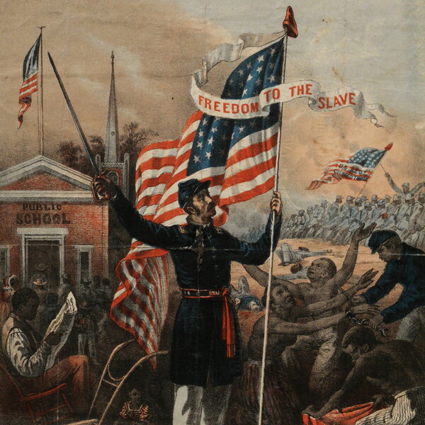 Poster with a fantastical Civil War battle in the background and a union soldier in the foreground waving a US flag.